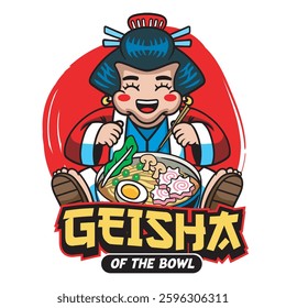 Vector Illustration of Geisha Eating Ramen with Cute Illustration Available for Tshirt Design