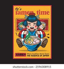 Vector Illustration of Geisha Eating Ramen with Cute Illustration Available for Poster