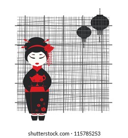 Vector Illustration Of A Geisha Girl . Tea Ceremony