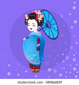 Vector illustration of geisha. Japanese girl in kimono.