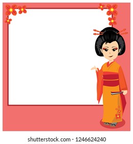 Vector illustration geisha in kimono and flowers on white background