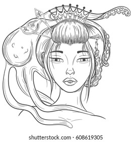 Vector illustration of a geisha with an octopus