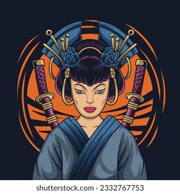 
vector illustration of a geisha wearing two katanas suitable for print design, t-shirt design, japanese artwork