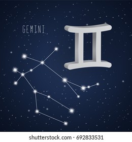 Vector illustration of Gemini 3D symbol and constellation on the background of starry sky