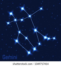 Vector illustration of Gemini constellation. Astronomical Twins. Cluster of realistic stars in the dark blue starry sky.