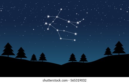 Vector Illustration Of Gemini Constellation On The Background Of Starry Sky And Night Landscape