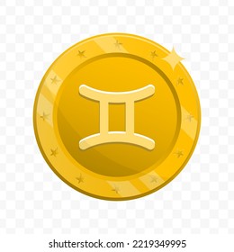 Vector illustration of Gemini zodiac icon sign and symbol. Gold colored vector for website design .Simple design on transparent background (PNG).