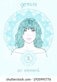 Vector illustration of Gemini zodiac sign, portrait beautiful girl and horoscope circle. Air element. Mysticism, predictions, astrology. 