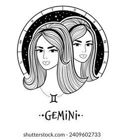 Vector illustration of Gemini zodiac sign line art female face portrait with circle