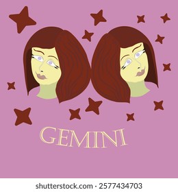 Vector illustration of Gemini zodiac sign. Two female faces, twins. Two mirror-inverted portraits. Woman, Gemini, Horoscope. Inscription: "gemini."