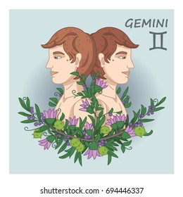 Vector illustration. Gemini zodiac sign in flower decoration.