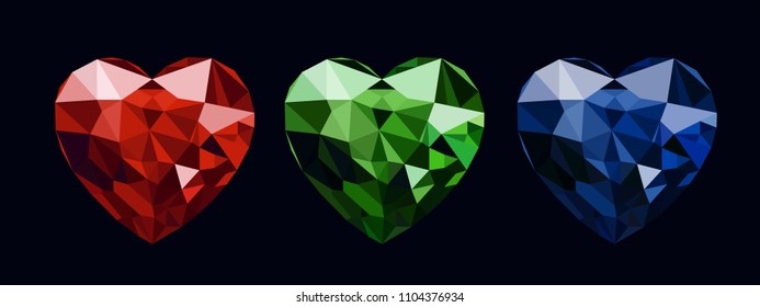 Vector Illustration Gems Stones Heart Shape Colour Set Red Green Blue Geometric Pattern, 