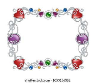 Vector illustration of gemstones and silver frame in fantasy style, for cards, decoration and wedding, isolated on white