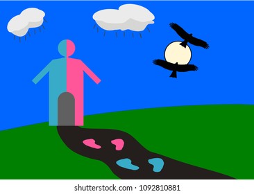 Vector Illustration of Gender Equal world with half blue and half pink human hut and black flying birds passing through sun making combined Gender symbol blue sky clouds road green landscape footprint