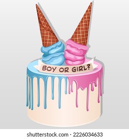 Vector illustration of Gender Party Cake. Pink, blue, and white cake with upside dow ice cream cones and Boy or Girl inscription isolated on white.