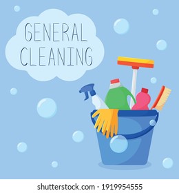 Vector illustration of general cleaning. Detergents in a bucket on a blue background. Flat style illustration with an inscription. Cleaning product
