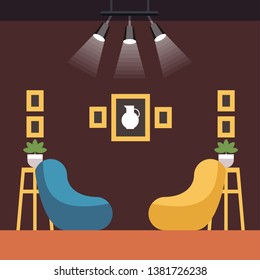 Vector Illustration General Comfort Coworking. Office with Furniture Tables, Chairs, Chest Drawers for Things, Paintings and Plants. Coworking Benefits Infrastructure and Economy, Flat.