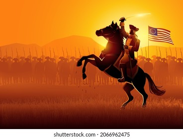 Vector illustration of a general leading his army on battlefield in the American revolutionary war