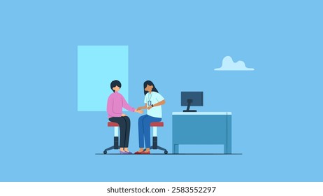 Vector illustration of general practitioner or doctor counting pulse by holding hand of sick patient. Concept illustration of health check up, medical consultation and diagnosis.