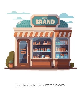 Vector illustration of a general store store front with a variety of miscellaneous goods in a turquoise cupola