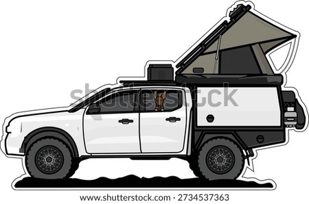 Vector illustration of a generic 4x4 off road pickup truck with a rooftop tent and camping canopy