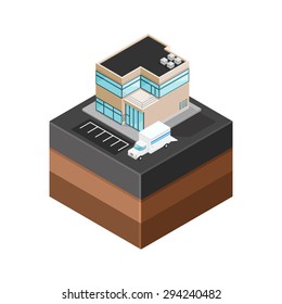 A vector illustration of generic modern offices with delivery truck.
Isometric Modern Offices icon illustration.
Urban commercial financial company buildings on tile surface.