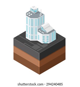 A vector illustration of generic modern offices on asphalt tile.
Isometric Modern Offices icon illustration.
Urban commercial financial company buildings on tile surface.