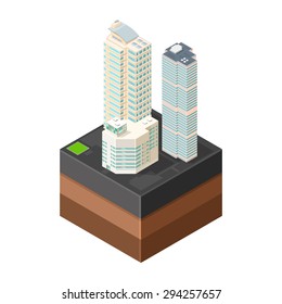 A vector illustration of generic modern offices on asphalt tile.
Isometric Modern Offices icon illustration.
Urban commercial financial company buildings on tile surface.