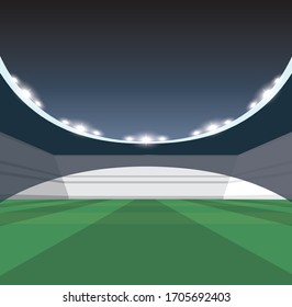 Ilustración vectorial de un estadio con un campo de césped verde por la noche bajo luces alumbradas