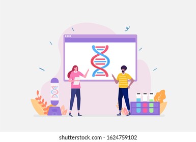 Vector Illustration, Genetic DNA Science Concept, Showing a group of young scientists investigating DNA, Suitable for landing page, ui, web, App intro card, editorial, flyer,and banner