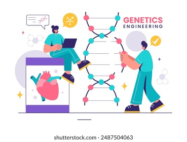 Vector Illustration of Genetic Engineering and DNA Modifications with Genetics Research or Experiment Scientists in a Flat Cartoon Style Background