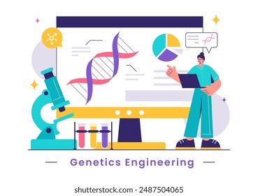 Ilustración vectorial de la ingeniería genética y las modificaciones del ADN con científicos de investigación o experimentación genética en un fondo plano de estilo caricatura