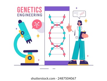 Vector Illustration of Genetic Engineering and DNA Modifications with Genetics Research or Experiment Scientists in a Flat Cartoon Style Background