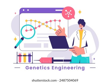 Vector Illustration of Genetic Engineering and DNA Modifications with Genetics Research or Experiment Scientists in a Flat Cartoon Style Background