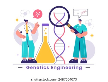 Vector Illustration of Genetic Engineering and DNA Modifications with Genetics Research or Experiment Scientists in a Flat Cartoon Style Background