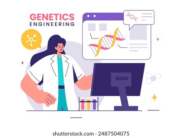 Vektorillustration der Gentechnik und DNA-Modifikationen mit Genetikforschern oder Experimentalwissenschaftlern im flachen Cartoon-Stil Hintergrund