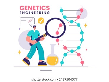 Vektorillustration der Gentechnik und DNA-Modifikationen mit Genetikforschern oder Experimentalwissenschaftlern im flachen Cartoon-Stil Hintergrund