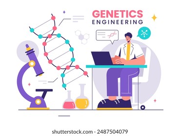 Vektorillustration der Gentechnik und DNA-Modifikationen mit Genetikforschern oder Experimentalwissenschaftlern im flachen Cartoon-Stil Hintergrund