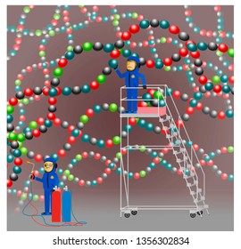Vector illustration of genetic engineering. Scientists biologists change nucleotides in the DNA chain. Vector illustration.