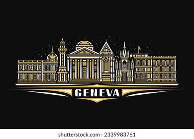 Vector illustration of Geneva, black horizontal card with linear design famous geneva city scape on dusk sky background, historical urban line art concept with decorative letters for white text geneva