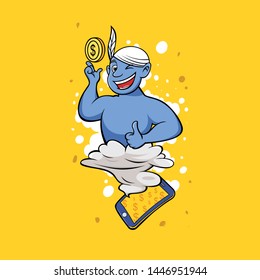 Vector illustration of genie just came out of the phone