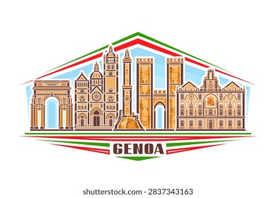 Vector illustration of Genoa, horizontal decorative sign with linear design historical genoa city scape on day sky background, urban patriotic line art concept with unique lettering for text genoa