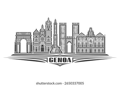 Vector illustration of Genoa, monochrome horizontal card with linear design famous detailed genoa city scape, urban line art concept with decorative lettering for black text genoa on white background