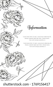 vector illustration with gentle black and white peony flowers and mockup for design with text example as background