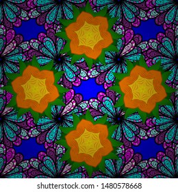 Vector illustration. Gentle, spring floral on blue, orange and black colors. Vector floral pattern in doodle style with flowers and leaves.
