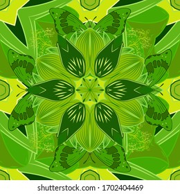 Vector illustration. Gentle, spring floral on black, green and yellow colors. Vector floral pattern in doodle style with flowers.