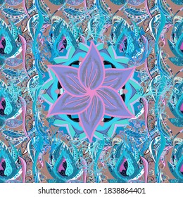 Vector illustration. Gentle, spring floral on pink, blue and neutral colors. Vector pattern. Exploding flowers abstractly placed.