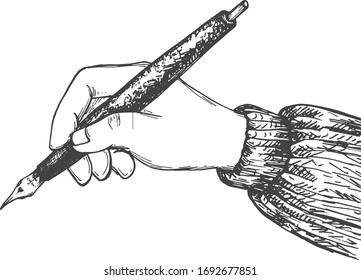 Vector illustration of gentleman arm holding an ink pen. Retro writer male hand in a vintage hand drawn style.