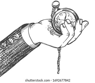 Vector illustration of gentleman arm with a pocket watch with a chain. Retro male hand in a vintage hand drawn style.