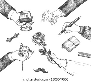 Vector illustration of gentleman arms set. Retro male hands with glass of beverage cognac, playing cards, ink pen, old watch, rose flower. Mustache, bow tie, notepad, comb. Vintage hand drawn style.